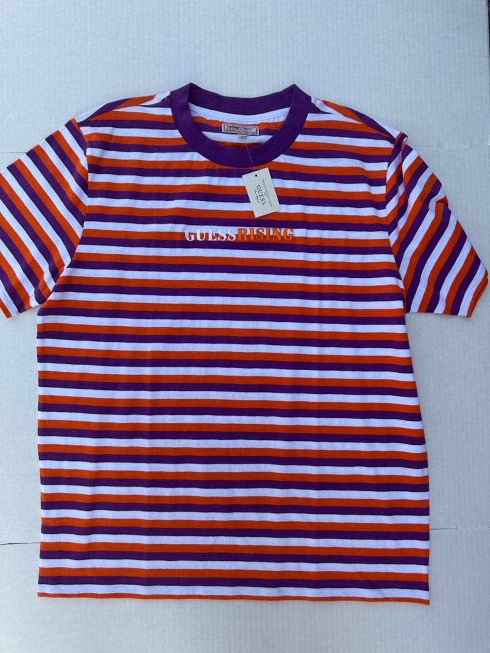 New GUESS ORIGINALS Purple Orange White Striped Short Sleeve Tee SZ L - Picture 8 of 9